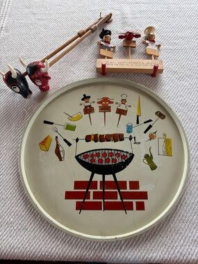 Vintage MCM BBQ Kitsch Collection Tin Tray Meat Markers Steer Salt & Pepper